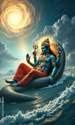 Vishnu reclining on the cosmic serpent Ananta Shesha in the vast ocean of milk, holding a lotus, conch, discus, and mace, embodying cosmic balance photo