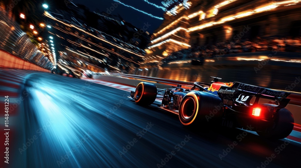 Racing Car on Street Circuit at Night Racing Car on Street Circuit at Night