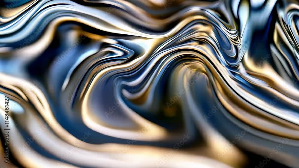 Slow motion of shiny metallic waves flowing over each other, capturing reflections and light in intricate patterns. Abstract silver background.