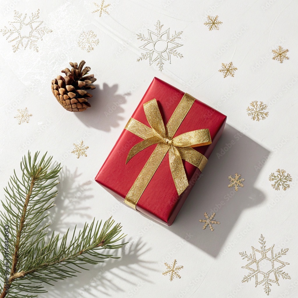 Minimalist Christmas Gift Box with Red Ribbon and Pinecone Minimalist Christmas Gift Box with Red Ribbon and Pinecone