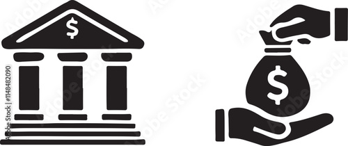 bank and hand holding moneybag icon