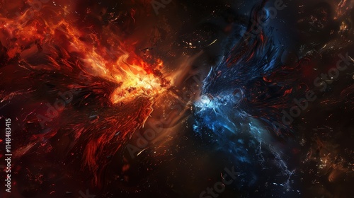 Abstract fire and ice design, a magical backdrop of fiery flame vs frozen water in a powerful vs delicate balance with a creative vs realistic texture and a blue vs red color scheme.