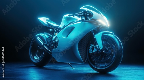 White Sport Motorcycle Illuminated by Blue Studio Background