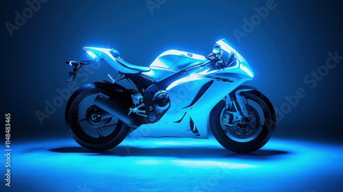 White Sport Motorcycle Illuminated by Blue Studio