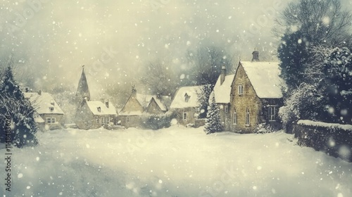 Winter Village with Snow in Vintage Style