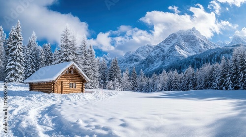 Winter Christmas Scene with Snow and Cabin