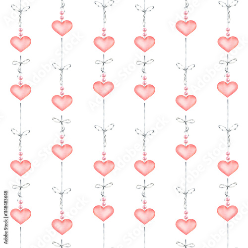 Seamless pattern of Valentines day pink hearts hanging on gray ribbons with bows and beads. Hand drawn watercolor illustration on white background. For packaging, fabric, wrapping paper, wallpaper.