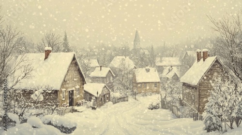 Winter Village with Snow in Vintage Style