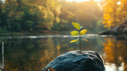 Young Plant Growing from Stone near Water
