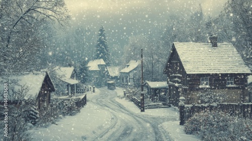 Winter Village with Snow in Vintage Style