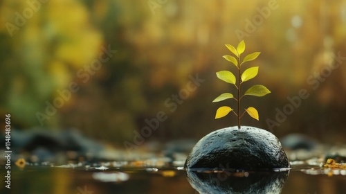 Young Plant Growing from Stone near Water