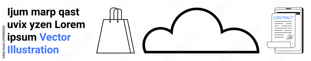 Digital contract clipboard, cloud icon, shopping bag beside placeholder text. Ideal for data storage, online shopping, legal agreements, digital services, e-commerce, cloud computing and business Digital contract clipboard, cloud icon, shopping bag beside placeholder text. Ideal for data storage, online shopping, legal agreements, digital services, e-commerce, cloud computing and business