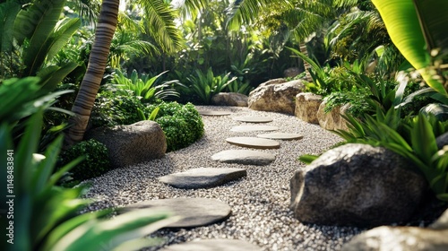 Zen Garden with Manicured Rocks and Lush Greenery