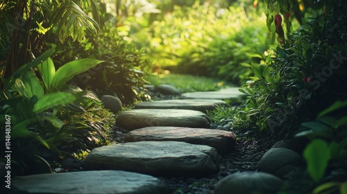Zen Garden with Manicured Rocks and Lush Greenery
