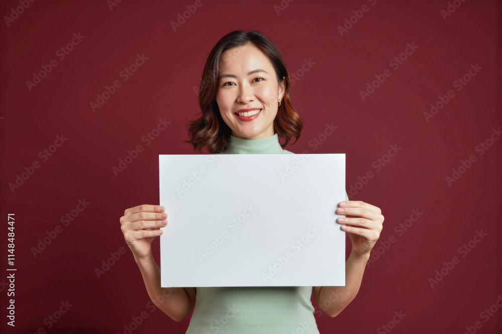 An advertisement studio template portrait photo of a person: a woman with a bright smile on her face, holding up a blank white sign against a maroon background. An advertisement studio template portrait photo of a person: a woman with a bright smile on her face, holding up a blank white sign against a maroon background.