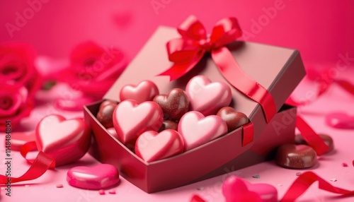 Chocolate box vector with heart-shaped candies and ribbons, perfect for Valentine gifts.