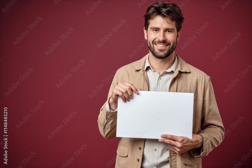 An advertisement studio template portrait photo of a person: a man with a bright smile on his face, holding a blank white sign in his hands against a maroon background. An advertisement studio template portrait photo of a person: a man with a bright smile on his face, holding a blank white sign in his hands against a maroon background.