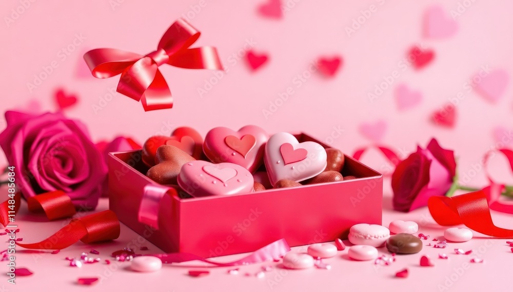 Chocolate box vector with heart-shaped candies and ribbons, perfect for Valentine gifts. Chocolate box vector with heart-shaped candies and ribbons, perfect for Valentine gifts.