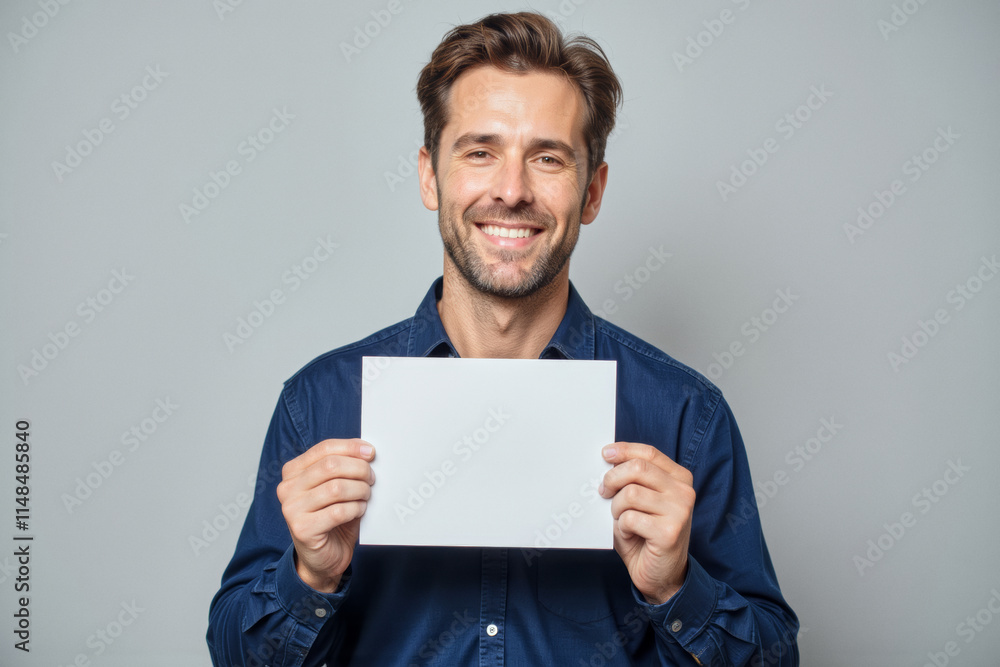 An advertisement studio template portrait photo of a person: a man with a bright smile on his face, holding up a blank white paper in front of his face. An advertisement studio template portrait photo of a person: a man with a bright smile on his face, holding up a blank white paper in front of his face.