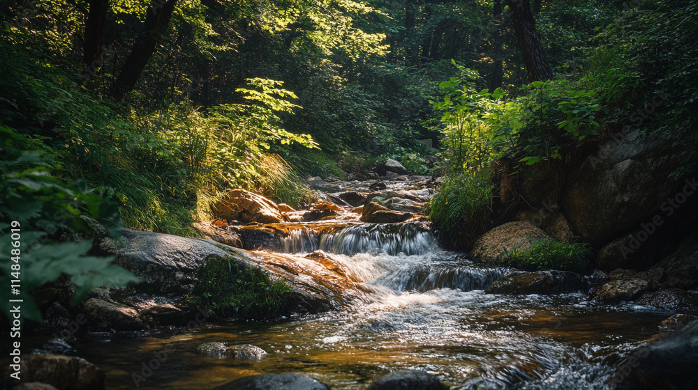 Gentle stream flows through lush forest under soft afternoon sunlight Gentle stream flows through lush forest under soft afternoon sunlight