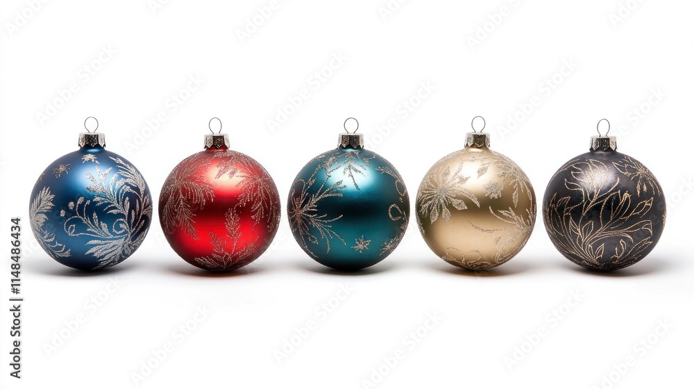 Festive Christmas balls in traditional holiday colors, featuring detailed engravings, glitter, and shiny metallic finishes for a cheerful display. Festive Christmas balls in traditional holiday colors, featuring detailed engravings, glitter, and shiny metallic finishes for a cheerful display.