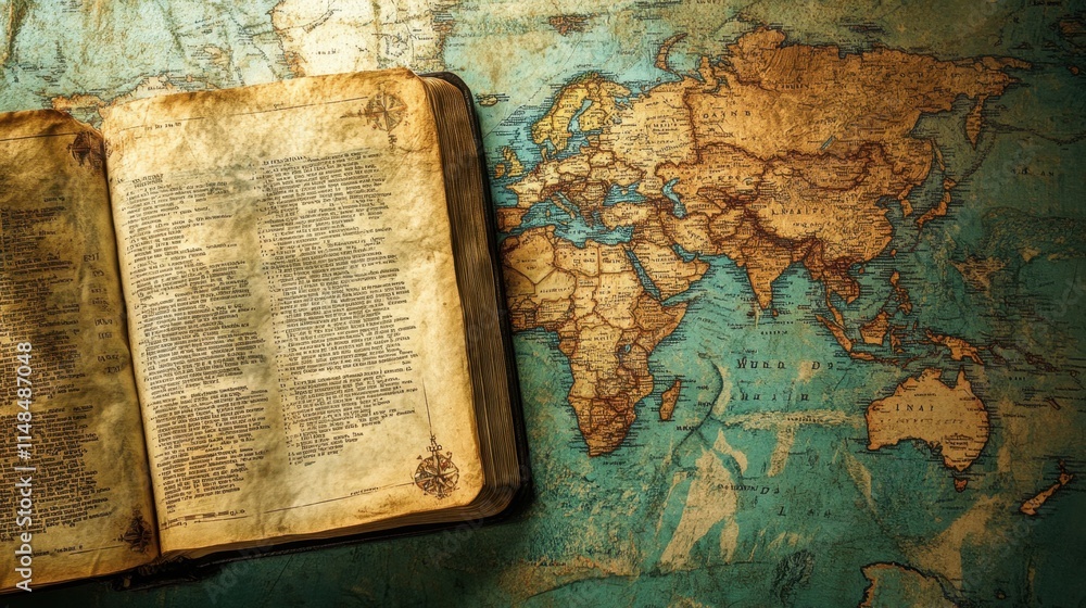 Naklejka premium Antique Open Book on Vintage World Map Background with Text