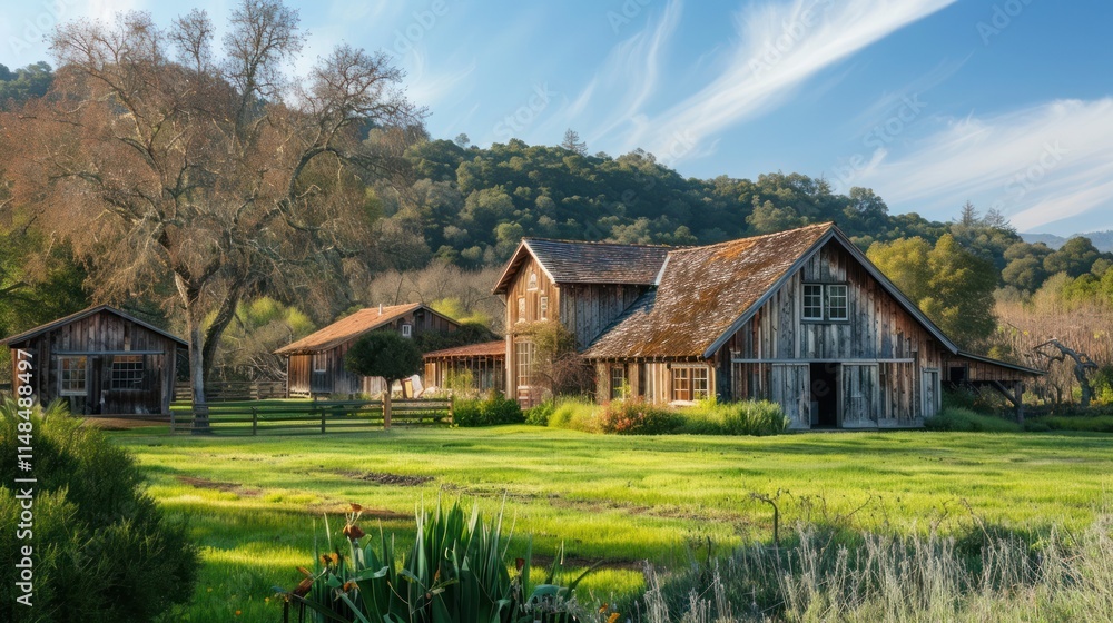 A rustic farmhouse with weathered wood siding, lush fields, and a traditional barn nearby, A rustic farmhouse with weathered wood siding, lush fields, and a traditional barn nearby,