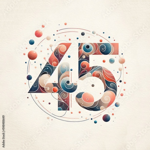 Colorful abstract number 45 with intricate swirls and patterns, surrounded by decorative dots and lines photo