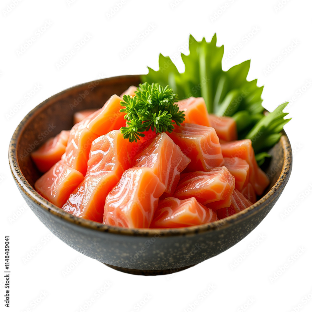 A bowl of fresh salmon sashimi with garnish A bowl of fresh salmon sashimi with garnish