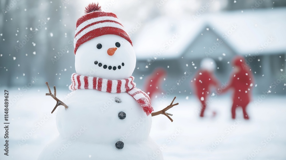 Fototapeta premium Festive snowman stands in snowy winter landscape. Children in red coats play nearby in snowfall. Cozy winter scene. Family time. Playful activity. Snowy day. Festive atmosphere.
