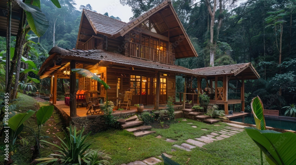 Obraz premium A serene house in nature, surrounded by dense forest and featuring a peaceful, secluded design,