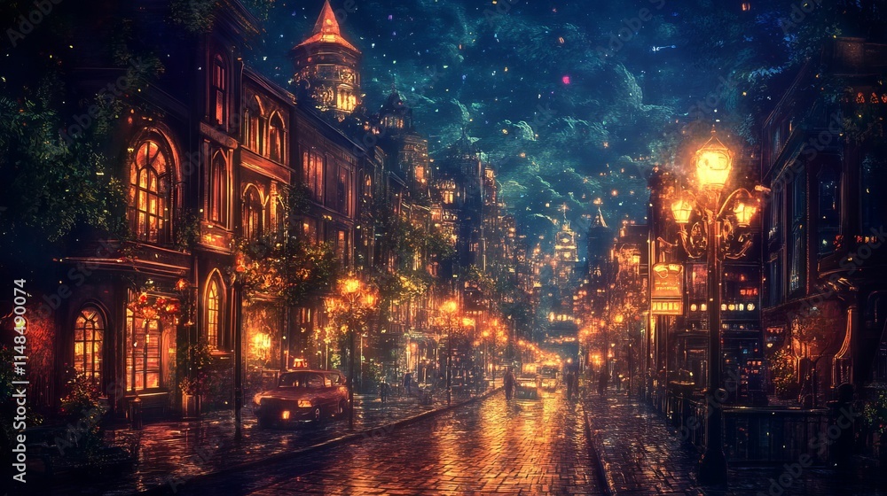 Naklejka premium city at night, glowing skyline, city lights, urban nightlife, illuminated streets