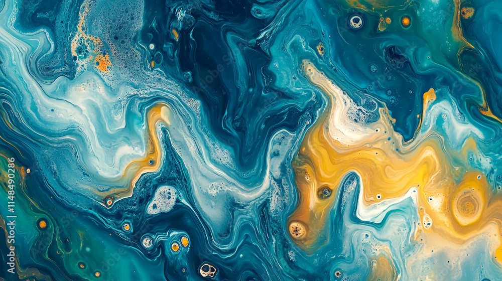 Swirling patterns of blue and gold create an abstract ocean-like artwork that captivates the viewer's imagination Swirling patterns of blue and gold create an abstract ocean-like artwork that captivates the viewer's imagination