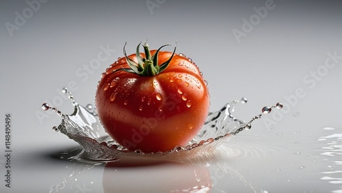 Tomato red falls into the water splashes of water.