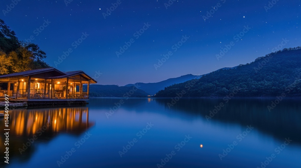 Fototapeta premium Illuminated Lakeside Cabin Under Starry Night Sky