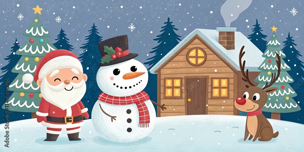 Santa Claus and Snowman in a Cozy Snowy Christmas Scene Santa Claus and Snowman in a Cozy Snowy Christmas Scene