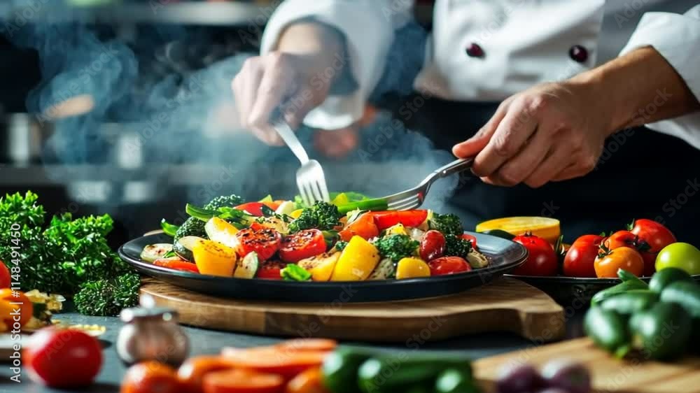 A chef plating a balanced, healthy meal in a professional kitchen, emphasizing vibrant colors and fresh ingredients A chef plating a balanced, healthy meal in a professional kitchen, emphasizing vibrant colors and fresh ingredients