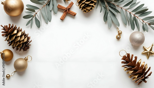 Flat-Lay Christmas Elements like pinecones, cinnamon sticks, eucalyptus sprigs, and small ornaments