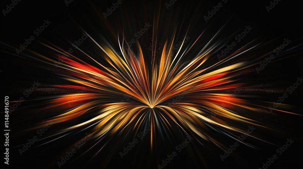 Fototapeta premium Golden and colorful fireworks exploding dynamically against a sleek black background, creating a bold and festive New Year's Day design.