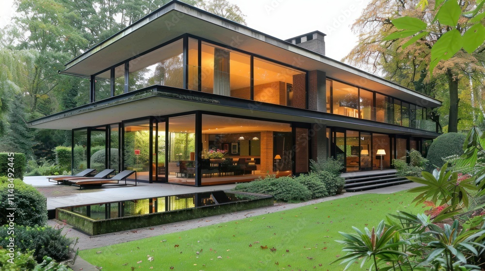 A sleek modern house with large glass windows and a minimalist design, surrounded by greenery, A sleek modern house with large glass windows and a minimalist design, surrounded by greenery,