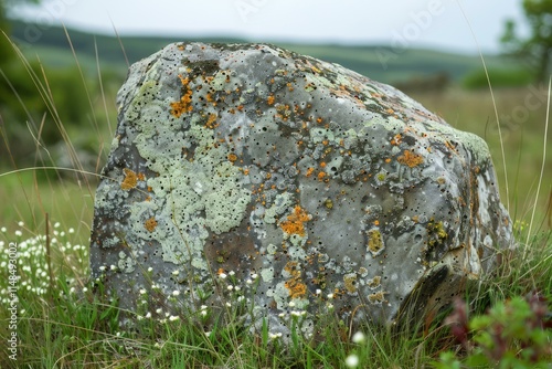 Gray rock covered with orange and green lichen in green meadow photo