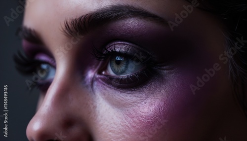 Dramatic smoky eye makeup with charcoal and plum shades highlighted for an edgy look