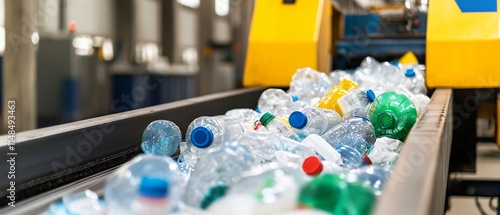 A conveyor belt filled with various plastic bottles ready for recycling. photo