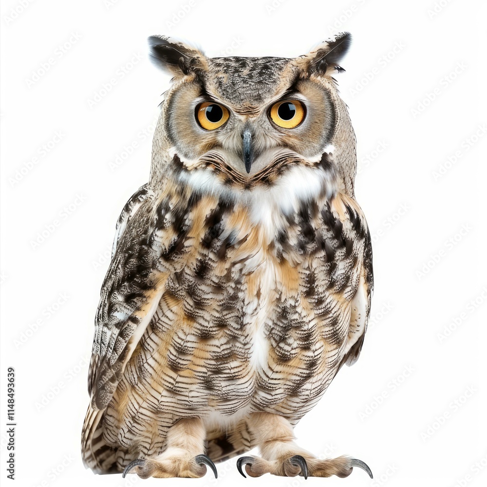 Great horned owl standing on white background, looking forward Great horned owl standing on white background, looking forward