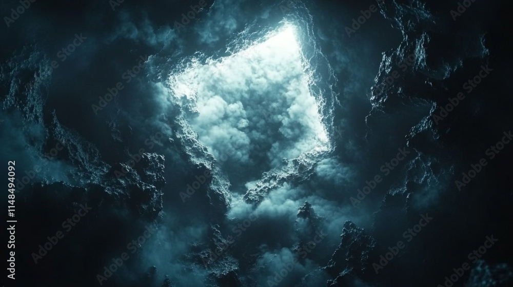 Dramatic view of a mysterious cloud-filled square opening in a dark rocky cavern Dramatic view of a mysterious cloud-filled square opening in a dark rocky cavern