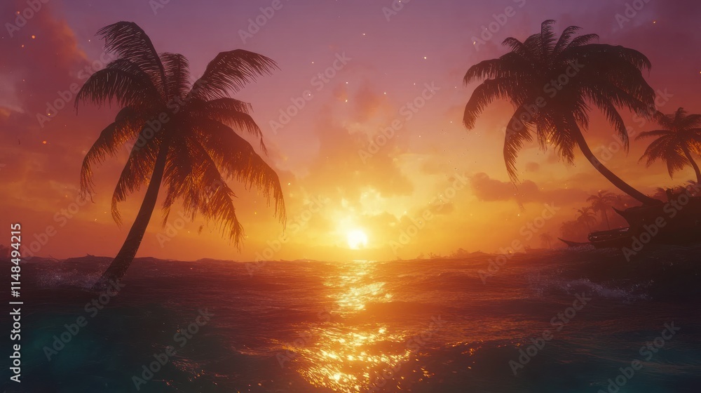 Tropical Sunset Ocean Scene With Palm Trees Tropical Sunset Ocean Scene With Palm Trees