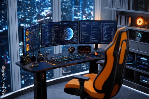 A 3D-rendered scene of a geek dream gaming setup with triple monitors, a glowing chair, and shelves filled with futuristic gadgets and collectibles photo