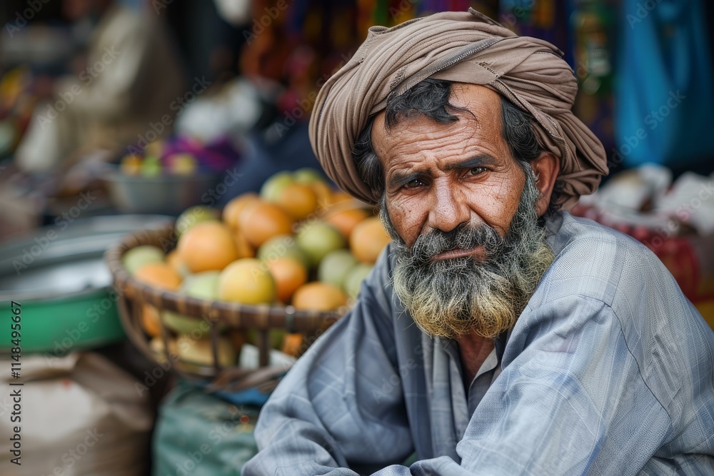 Bearded fruit vendor wearing turban sitting at market stall Bearded fruit vendor wearing turban sitting at market stall