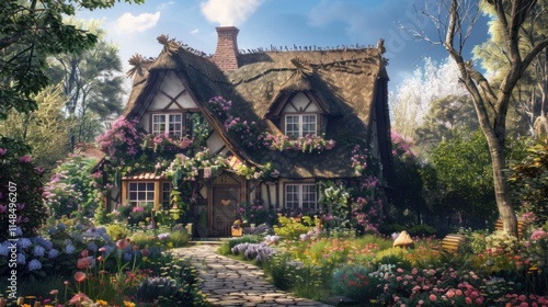 A charming cottage with a thatched roof, surrounded by blooming flowers in a picturesque garden,