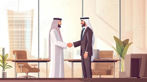 Happy Arabian businessmen shaking hands at corporate meeting, smiling, standing at office table, finalizing business interaction photo